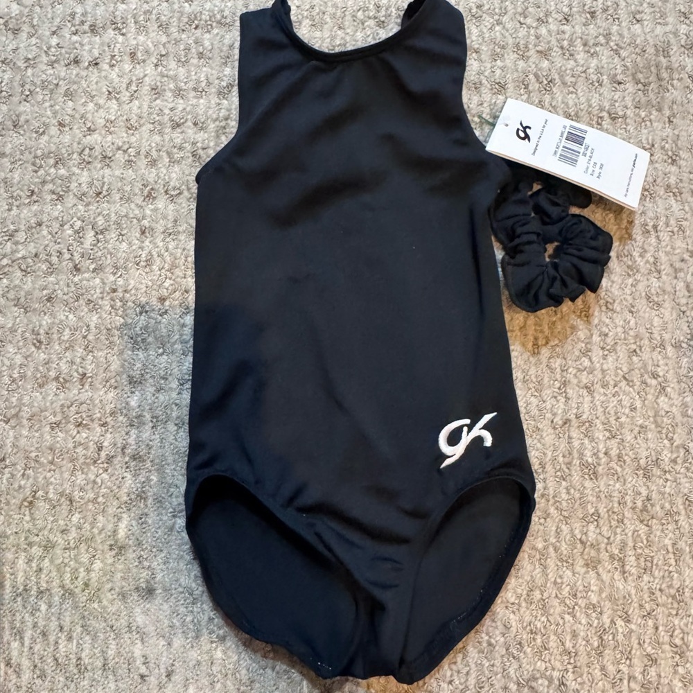 GK Black Girls' Athletic One-Piece Leotard with Matching Scrunchie